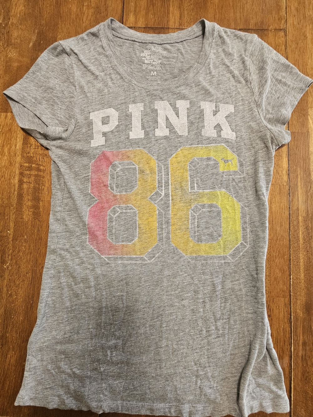 PINK Victoria's Secret Gray Tee with Pink and Yellow '86' Graphic